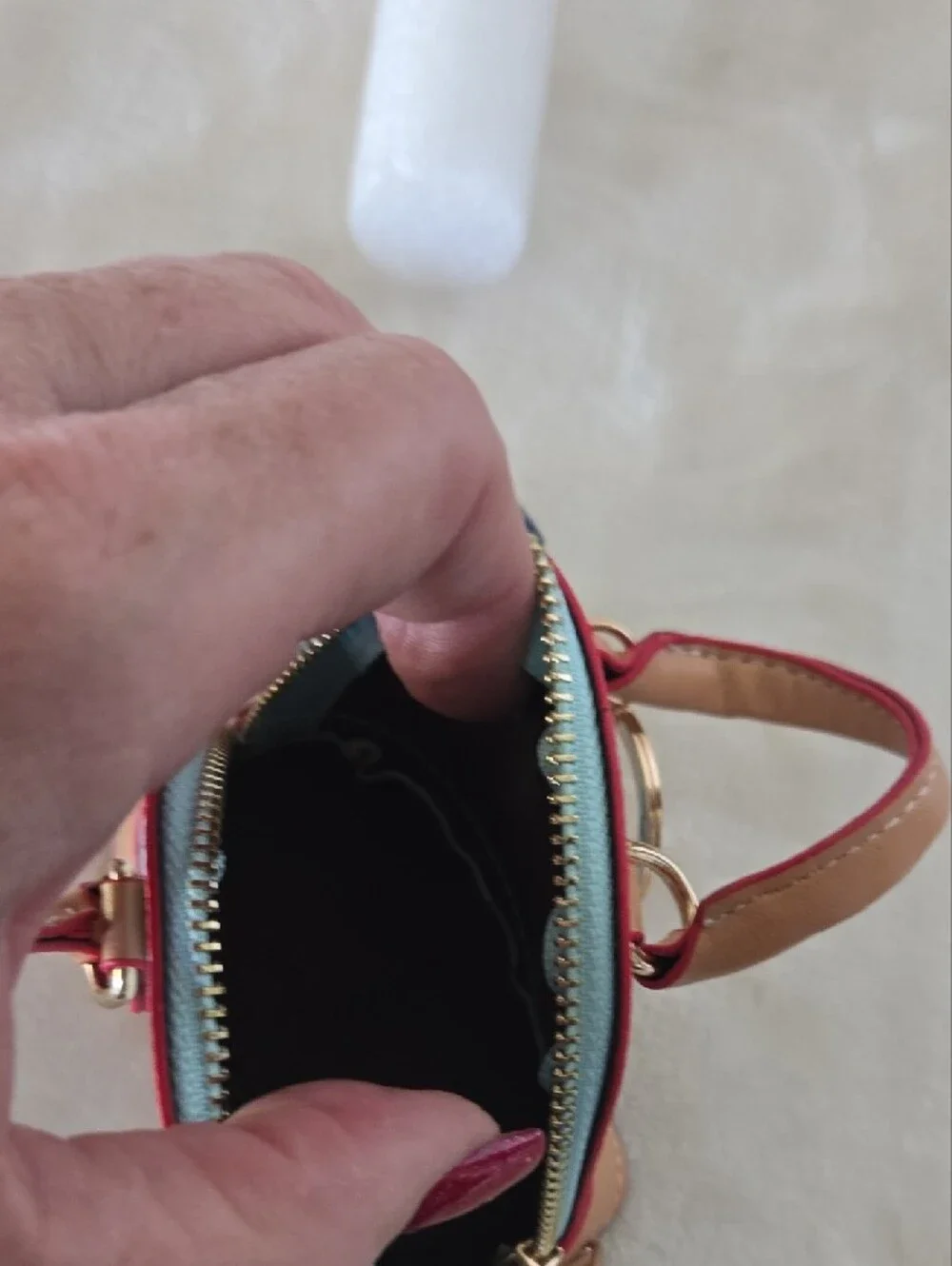 Women’s Mini Top-Handle Bag Charm/Eat Pod Carrier in Light Blue and Tan